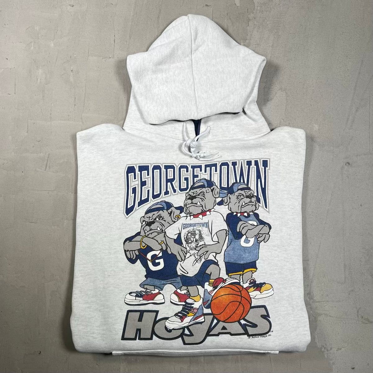 1990s Georgetown Hoyas Bulldog AOP Grey Hoodie Size XL USED v20271