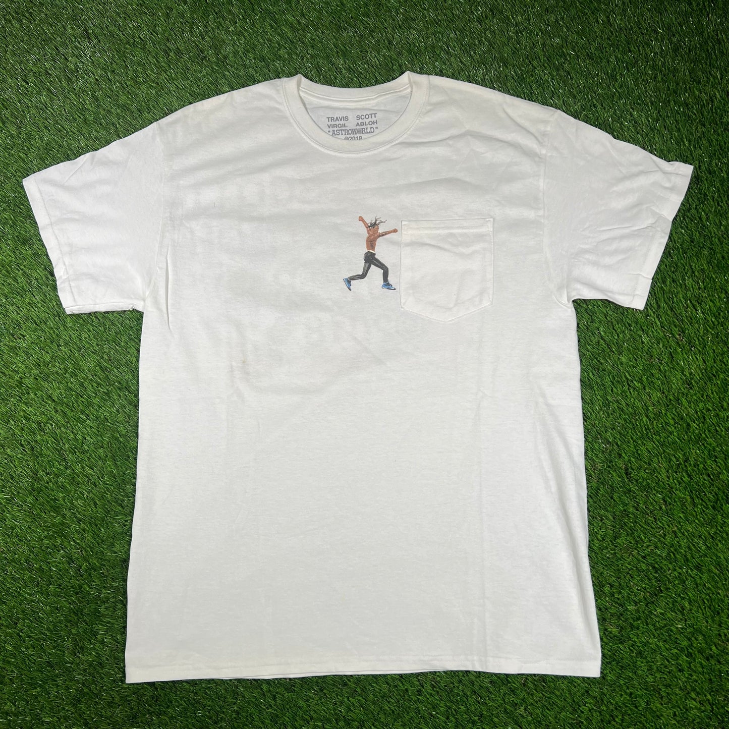 2018 Travis Scott Virgil Abloh Action Figure White Pocket Tee Size Large USED x14588