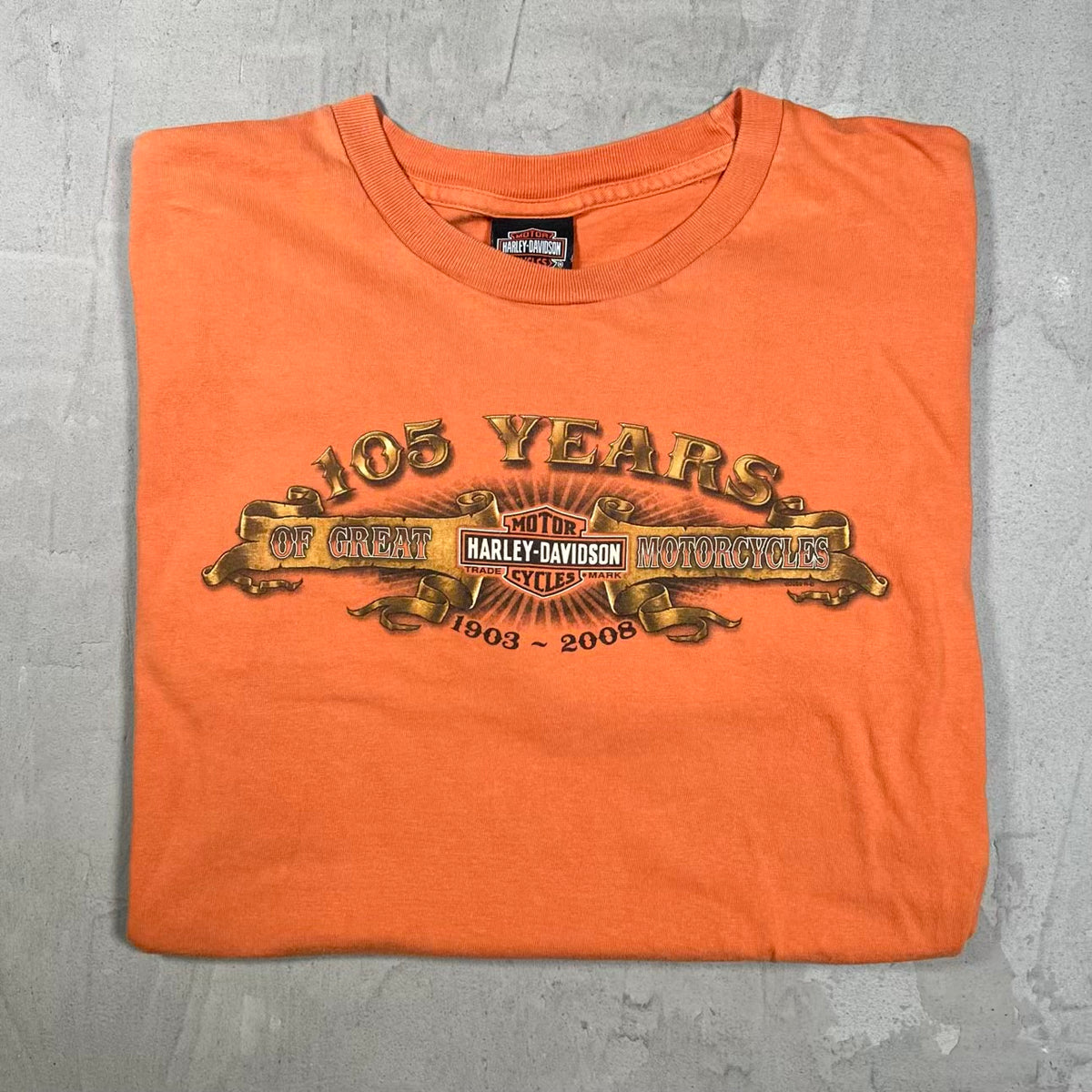 2008 Harley Davidson "105 Years" Orange Tee Size Large USED v20406