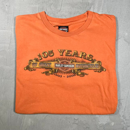 2008 Harley Davidson "105 Years" Orange Tee Size Large USED v20406
