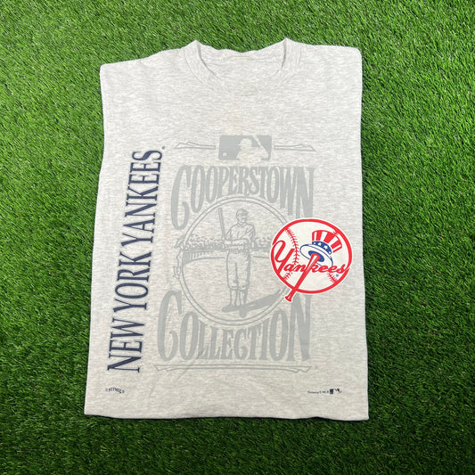 1990s New York Yankees Grey Cooperstown Tee Size Medium USED v17601
