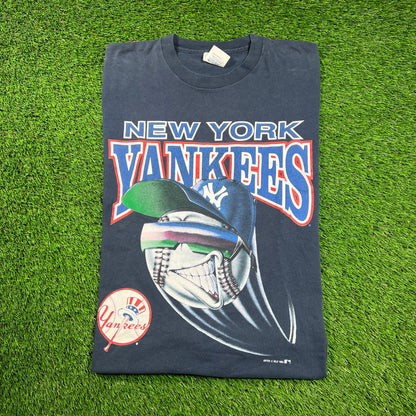 1994 New York Yankees Navy Cartoon Fastball Tee Size Large USED v18368