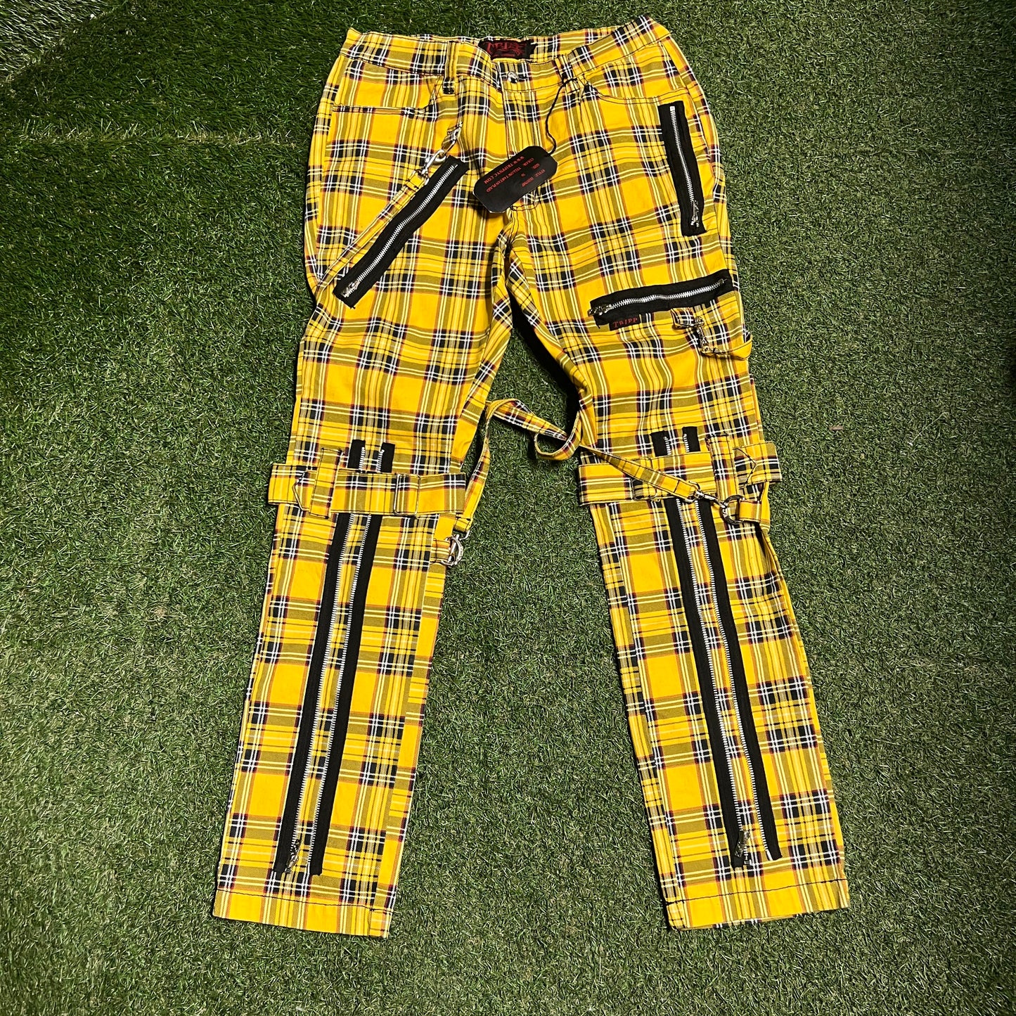Tripp NYC Yellow Plaid Strap Pants Size 36 NEW x13852