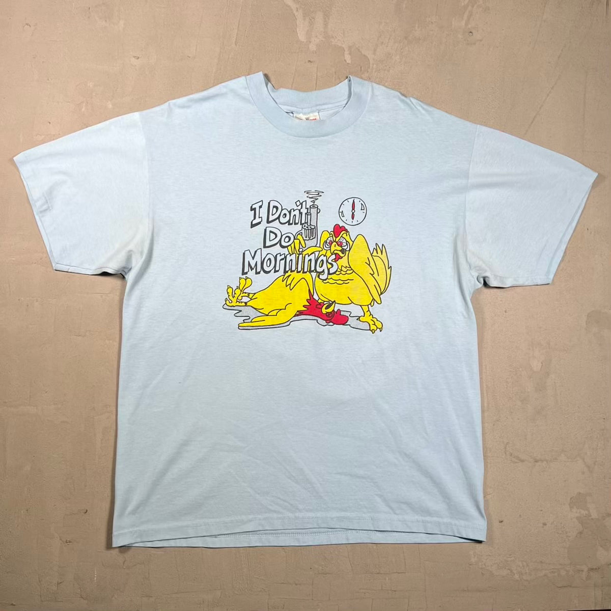 1990s "I Don't do Mornings" Light Blue Tee Size Large USED v20401