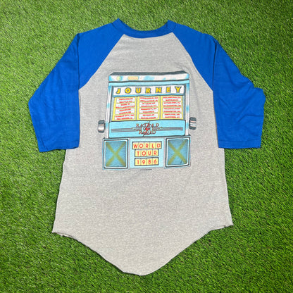 1986 Journey Raised On Radio Tour Grey/Blue Baseball Tee Size Medium USED v16627