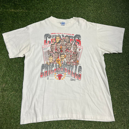 1991 Chicago Bulls Cartoon Salem Tag White Tee Size XL USED v16395