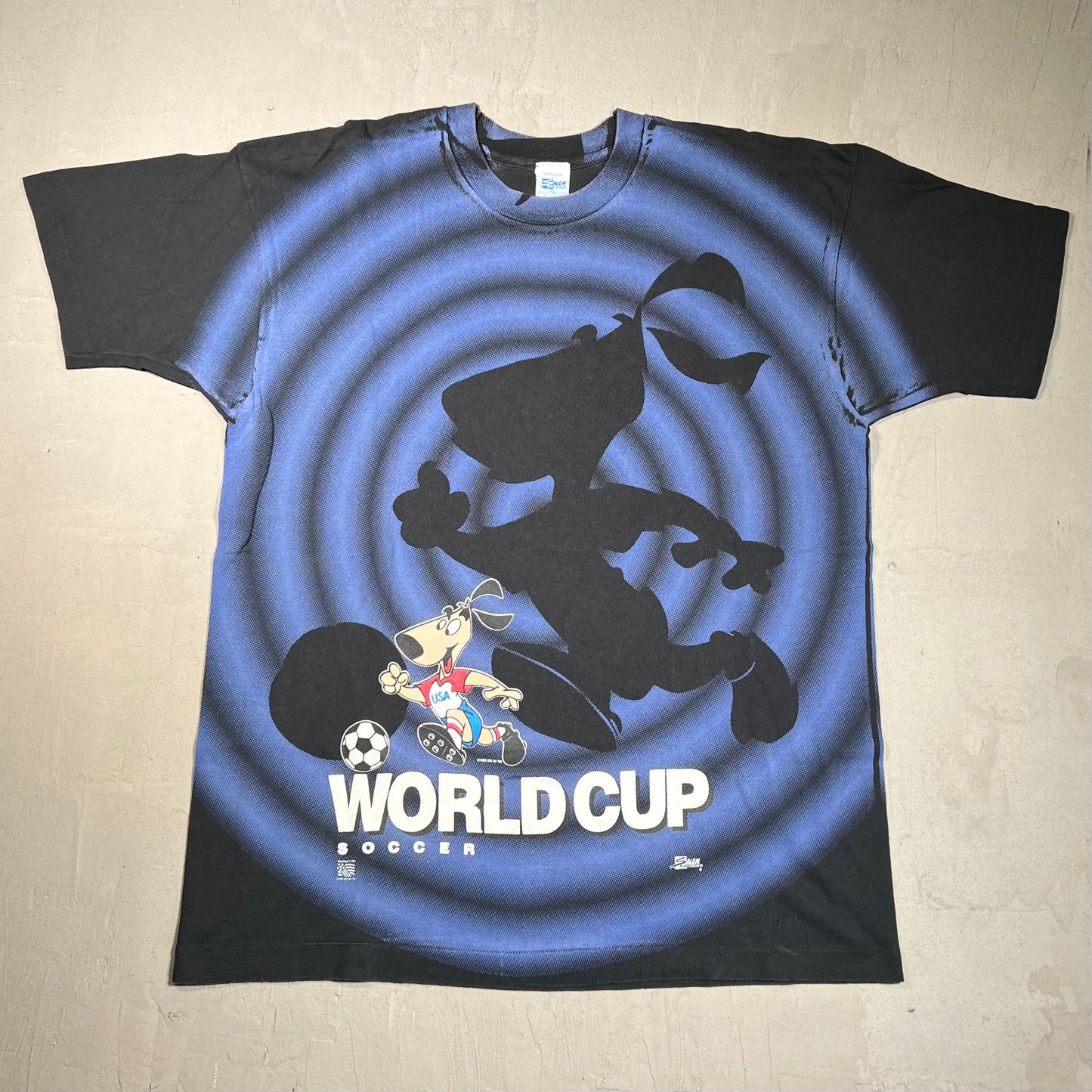1992 World Cup Pup AOP Black Tee Size XL USED v17158