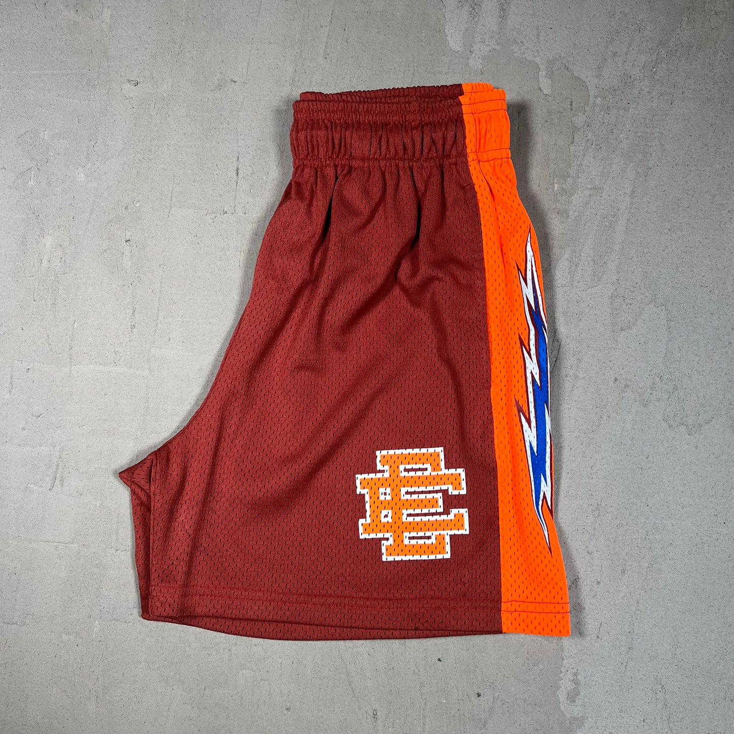 Eric Emanuel Burnt Red/Volt Orange Bolt Mesh Shorts Size Small USED x17556