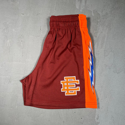 Eric Emanuel Burnt Red/Volt Orange Bolt Mesh Shorts Size Small USED x17556