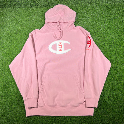 Kith x Champion Pink Logo Hoodie (2018) Size Large USED x14740
