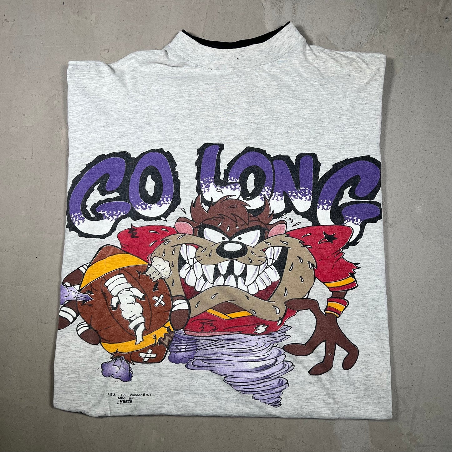 1995 Go Long Taz Football 3/4 Sleeve Grey Tee Size Large USED v19253