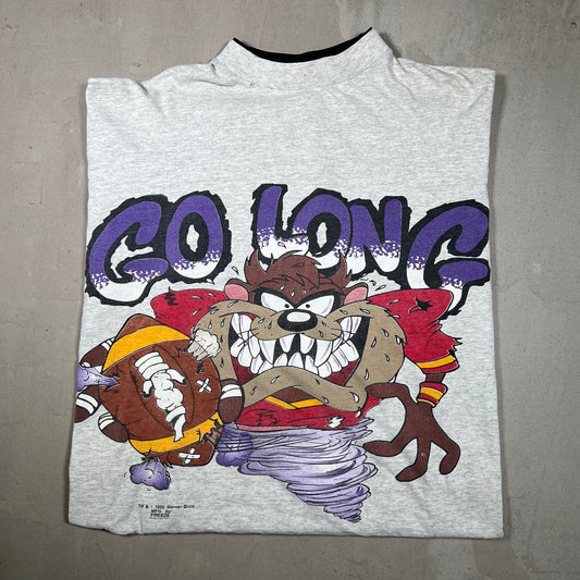 1995 Go Long Taz Football 3/4 Sleeve Grey Tee Size Large USED v19253