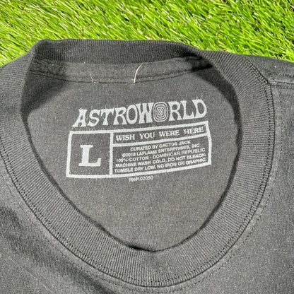 Travis Scott 2018 Astro World Fire Skull Black Tee Size Large USED x14529