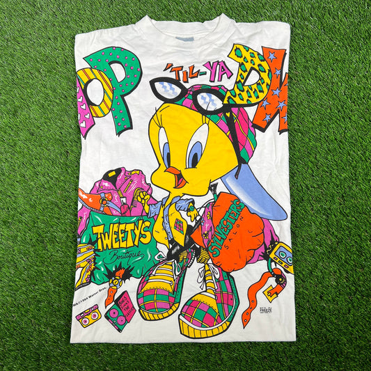 1994 Looney Tunes Tweety Bird Shop Drop AOP White Tee Size XL USED v16893