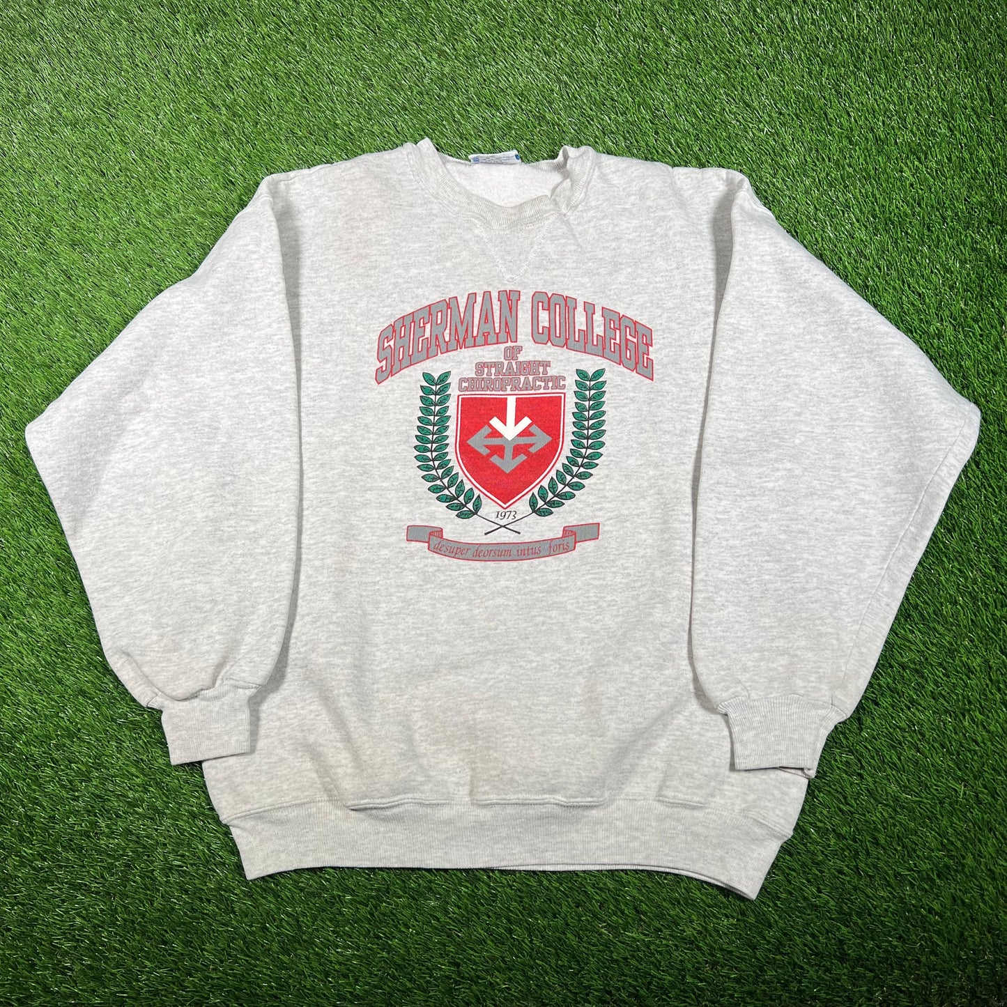 1990s Sherman College Crest Grey Crewneck Size Large USED v18115