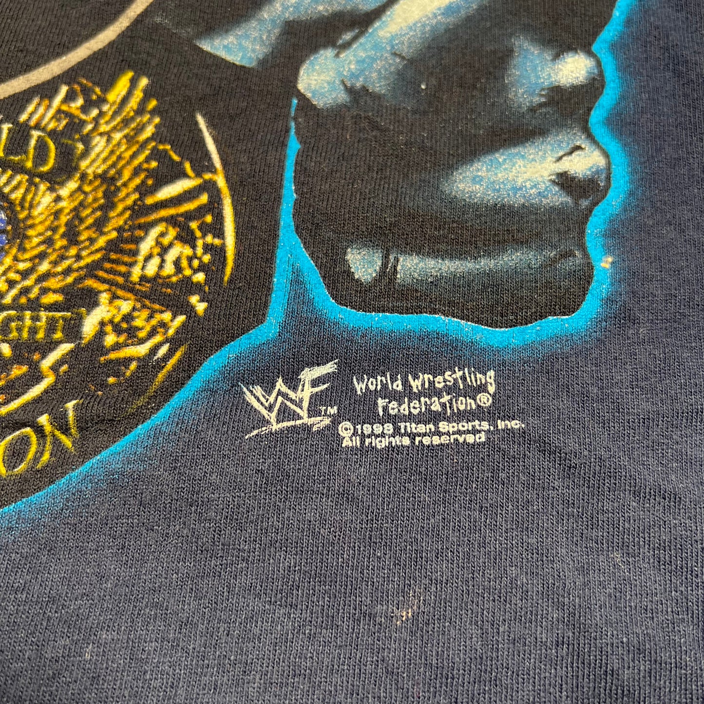 1998 The Rock WWF Bull Champ Navy Blue Tee Size 3XL USED v17937