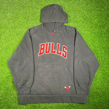 Y2K Nike Bulls Center Swoosh Black Hoodie Size Large USED v17676