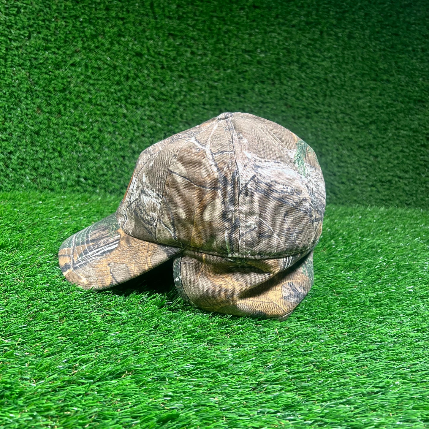 Y2K Carhartt Woodland Camo Hat w/ Ear Covers USED v18424