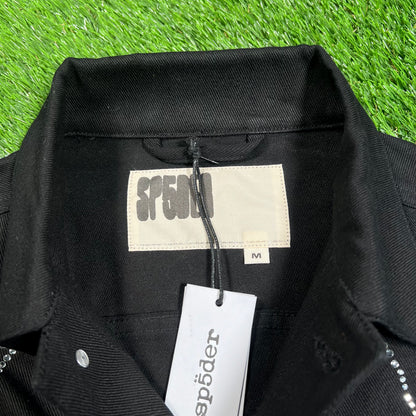 Sp5der Web Denim Cropped Trucker Black Jacket Size Medium NEW x12365