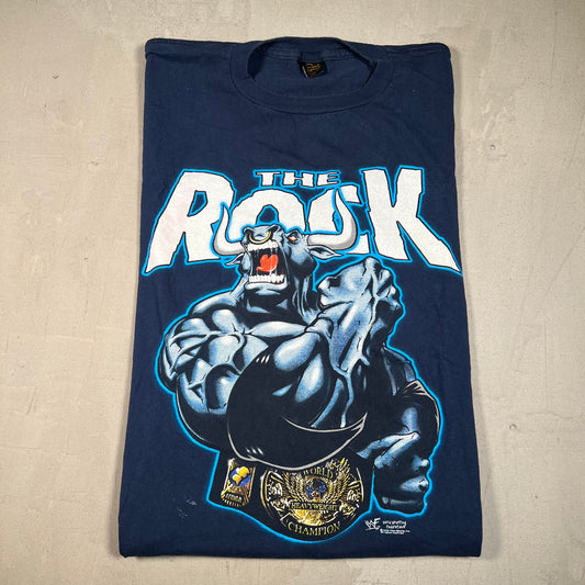 1998 The Rock WWF Bull Champ Navy Blue Tee Size 3XL USED v17937