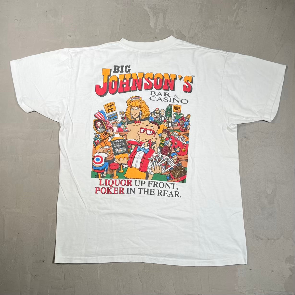 1992 Big Johnson Bar Casino White Tee Size Large USED v20352