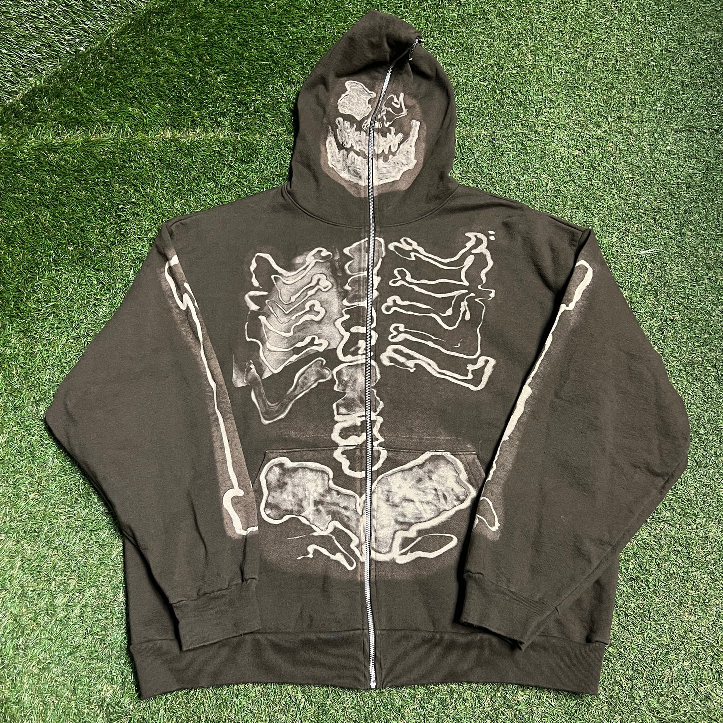 Travis Scott Fragment Skeleton Graffiti Full ZIp Brown Hoodie Size XL USED x13823