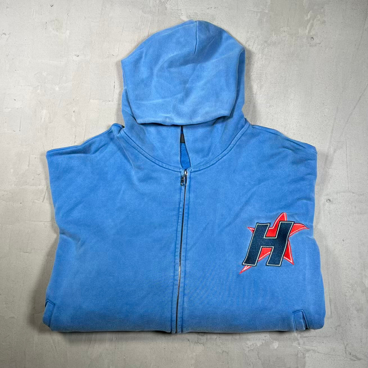 HMDD H Star Washed Blue Zip Up Hoodie Size Large USED x18677