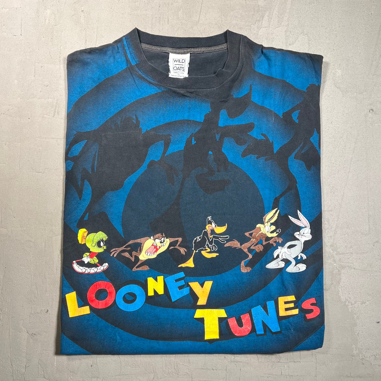 1992 Looney Tunes Spiral All Over Print Black Tee Size XL USED v13972