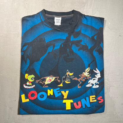 1992 Looney Tunes Spiral All Over Print Black Tee Size XL USED v13972