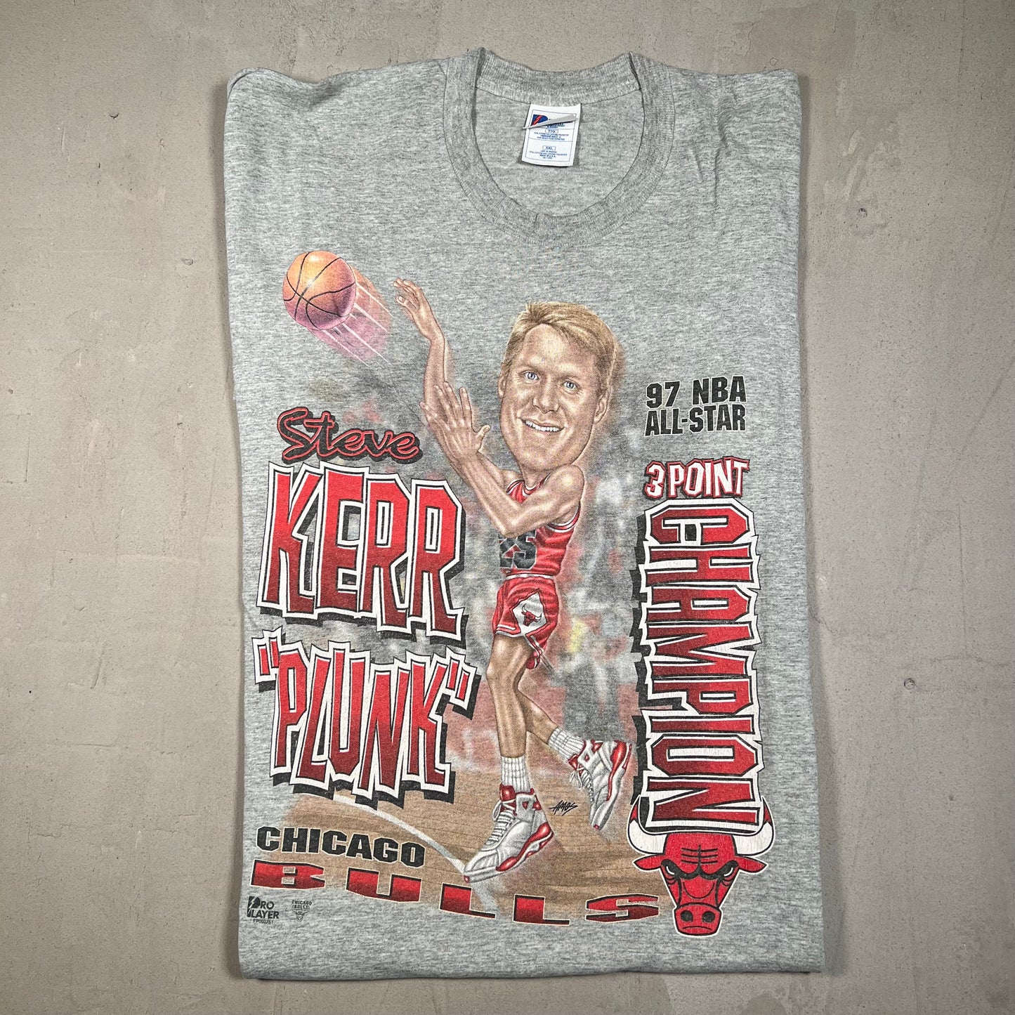 1990s Steve Kerr Chicago Bulls 3 Point Pro Player Tag Grey Tee Size XXL USED v17803