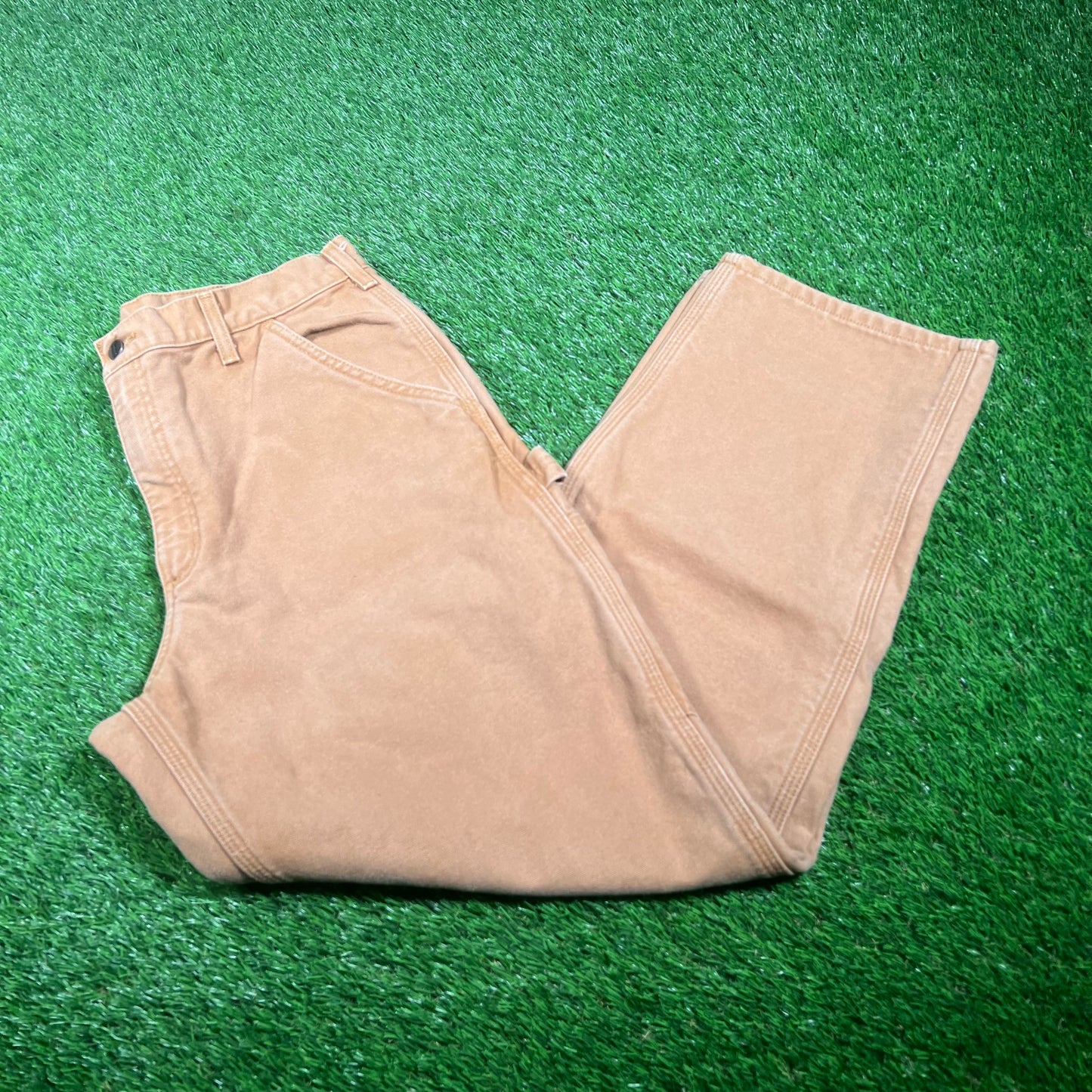 Y2K Carhartt Work Wear Flannel Lined Tan Pants Size 36x30 USED v17689