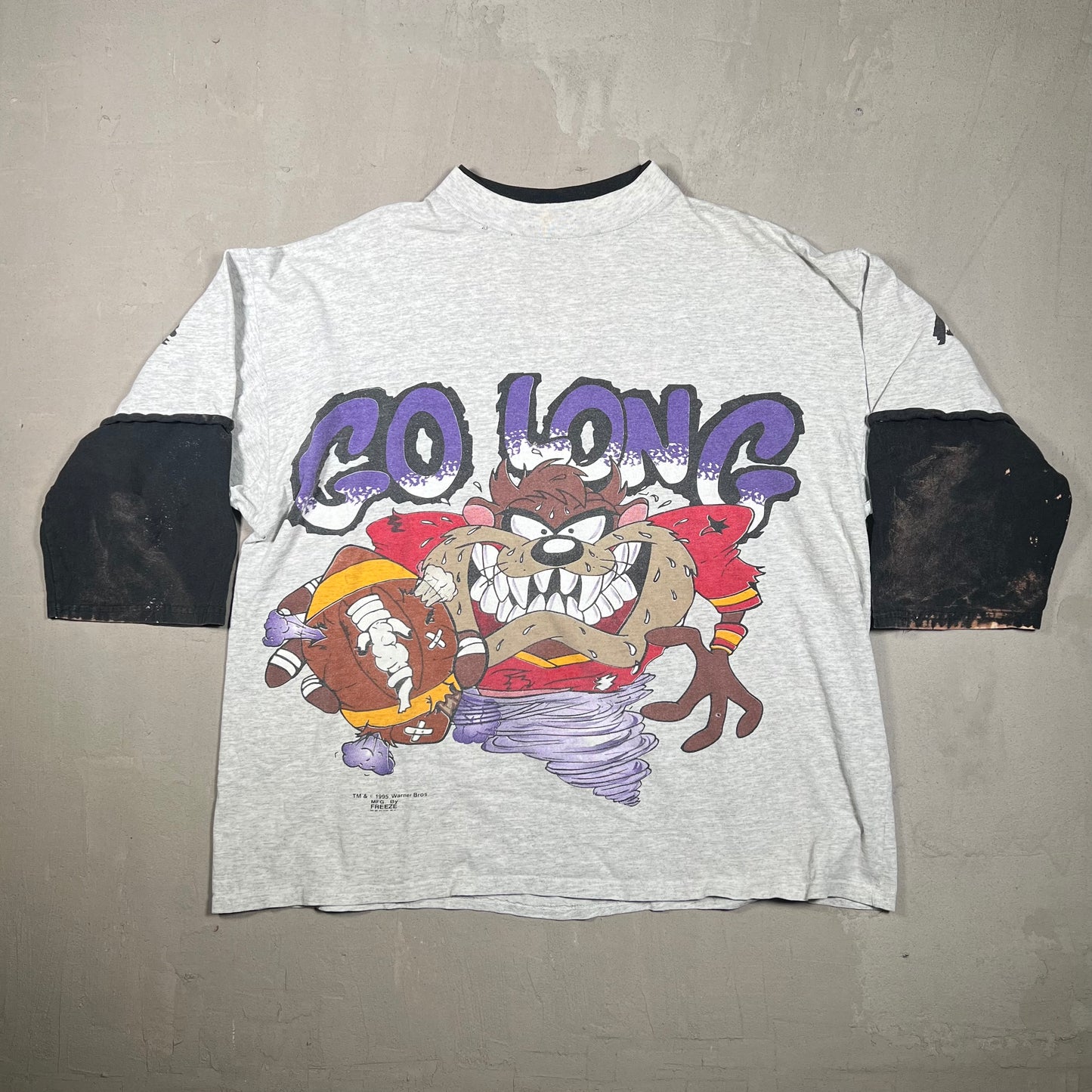 1995 Go Long Taz Football 3/4 Sleeve Grey Tee Size Large USED v19253