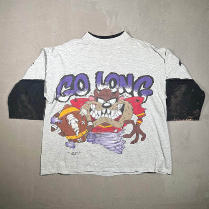 1995 Go Long Taz Football 3/4 Sleeve Grey Tee Size Large USED v19253