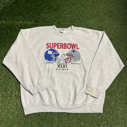 2012 Superbowl Giants Patriots Indianapolis Grey Crewneck Size XXL USED v16434