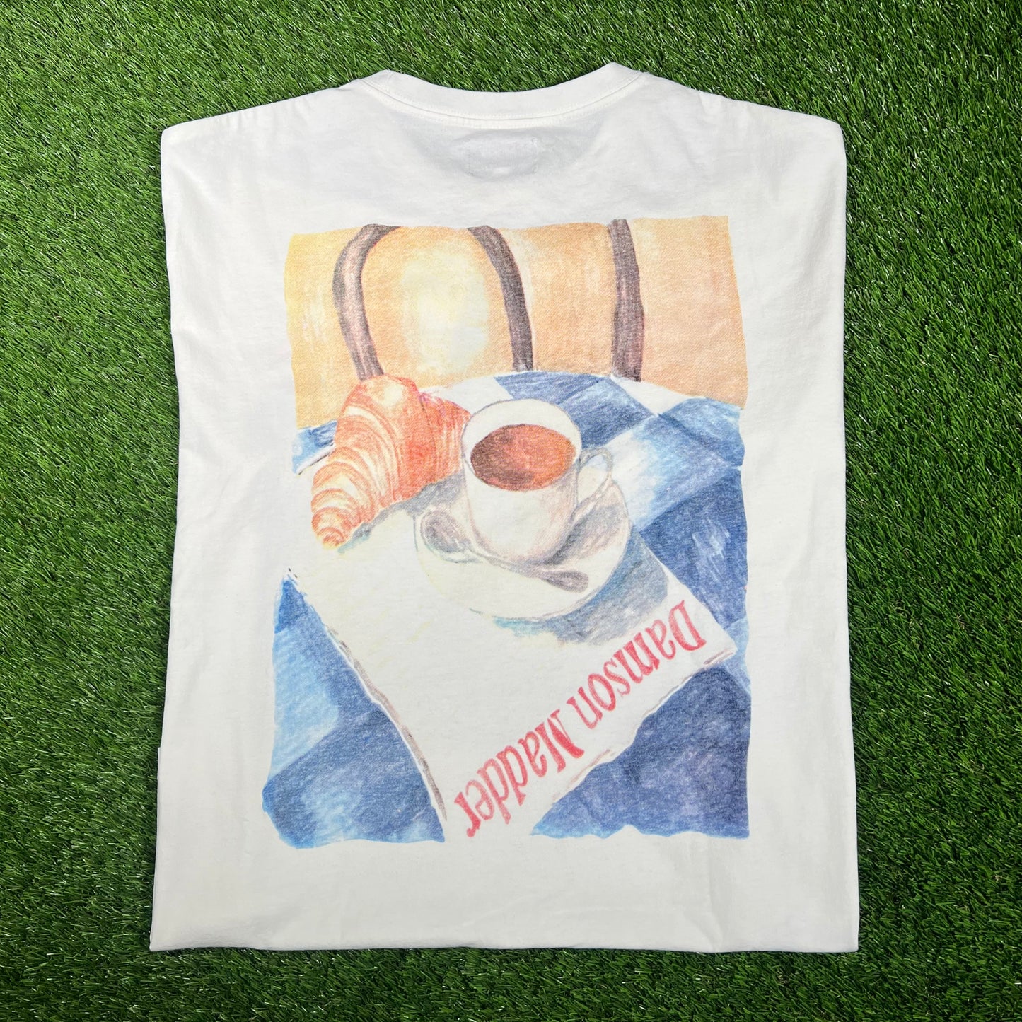 Damson Madder Croissants and Coffe White Tee Size XL USED v17456