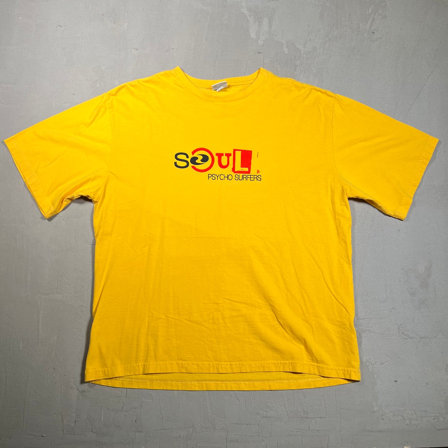 1990s Soul Psycho Surfers Yellow Tee Size Medium USED v19436