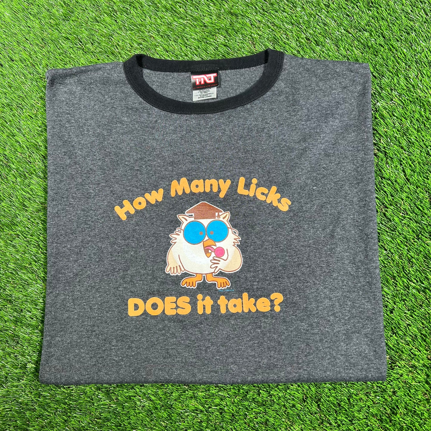 2006 How Many Licks Owl Grey Ringer Tee Size XL USED v17171