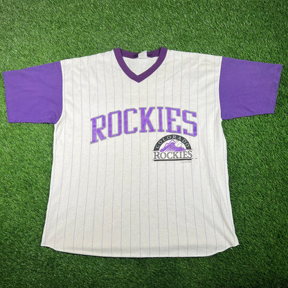 1993 Colorado Rockies Pinstripe White Tee Size Large USED v18120