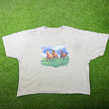 1990s Champion Running Horses Cropped Grey Tee Size XXL USED V17464