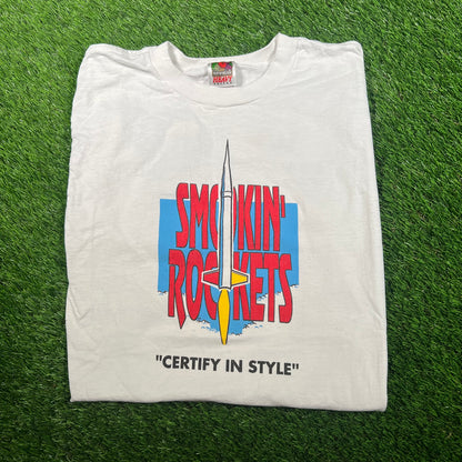 Y2K "Smokin Rockets" White Tee Size Large USED v17885