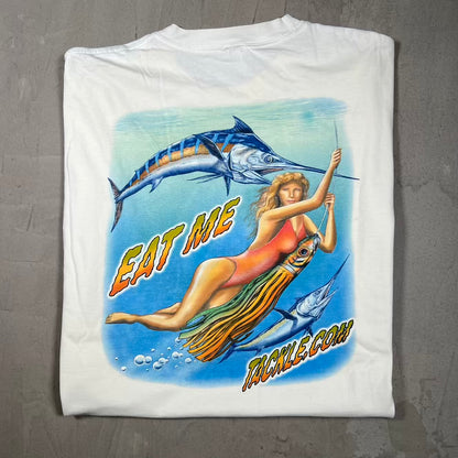 Y2K Eat Me Fishing Lady Tackle com White Tee Size XL USED v20289