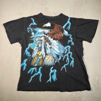 1990s American Thunder Native American AOP Black Tee Size Large USED v17917