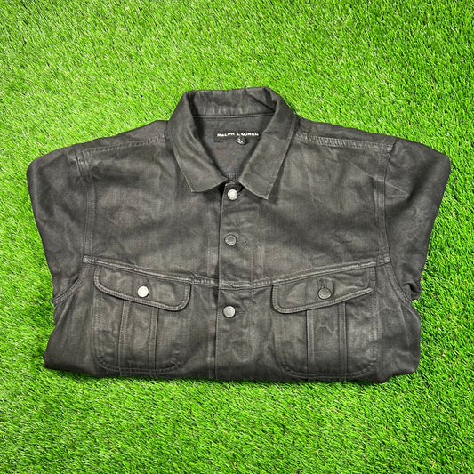 Y2K Ralph Lauren Black Waxed Canvas Button Up Jacket Size XL USED v18670