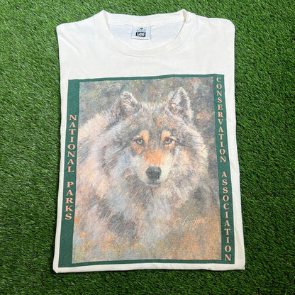 1990s National Parks Conservation Associastion Wolf Tee White Size Large USED V16542
