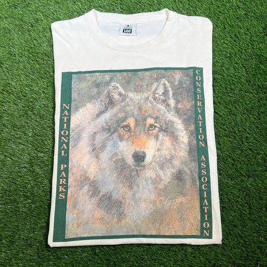 1990s National Parks Conservation Associastion Wolf Tee White Size Large USED V16542