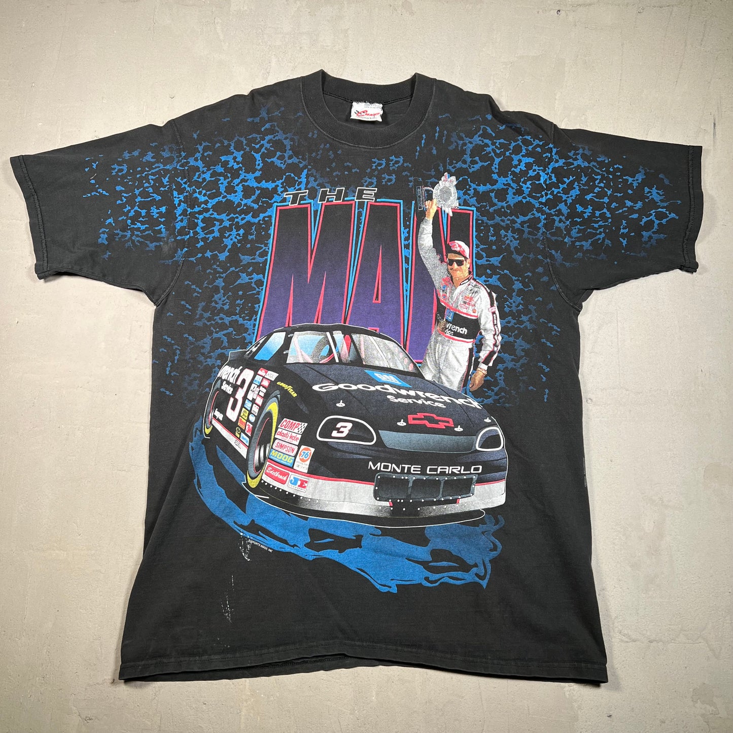 1990s The Man Dale Ernhardt Goodwrench AOP Black Tee Size XL USED v15927