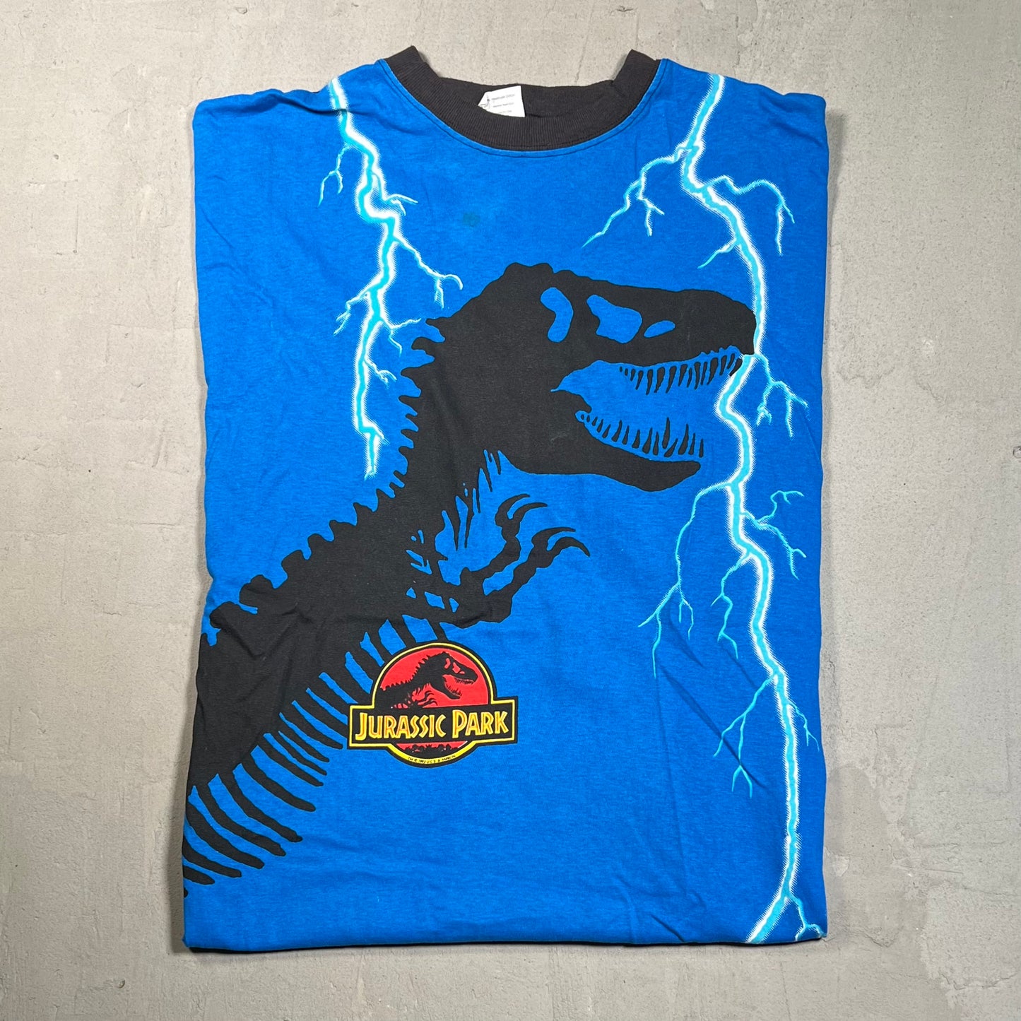 1994 Jurassic Park Full Print Front Side Blue Tee Size XL USED v15046