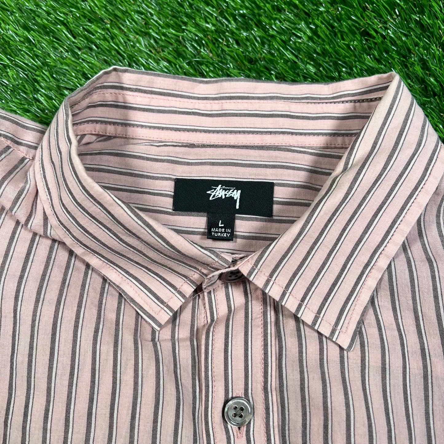 Stussy Lightweight Classic Brick Strip Button Up Shirt Size Large USED x16000