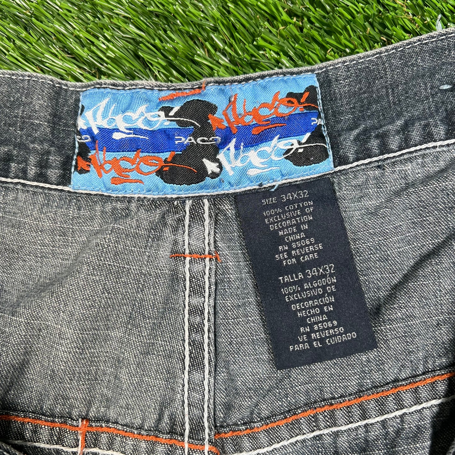 Y2K Paco Sports Embroidered Patched Grey Jean Size 34x32 USED v17021