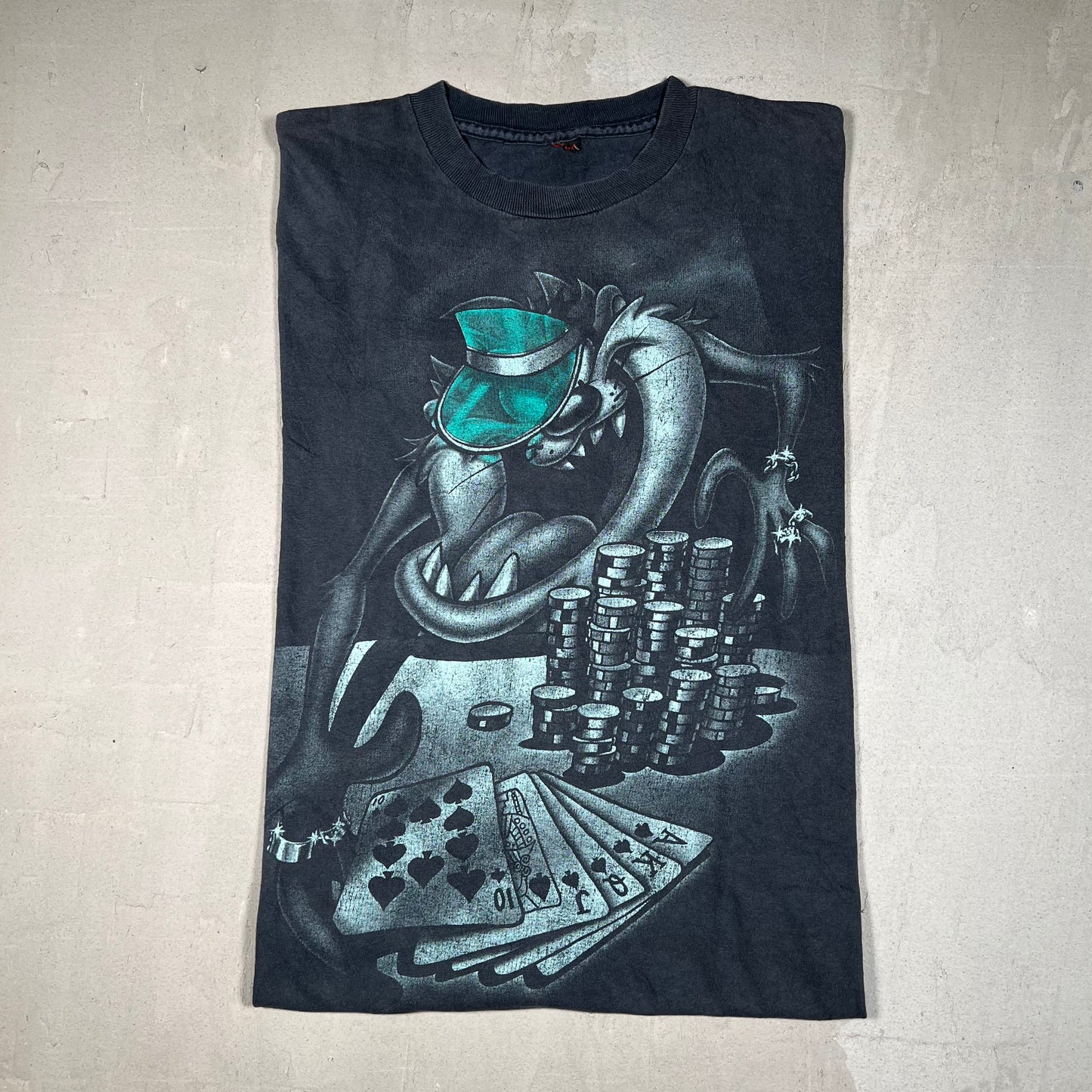 1990s Taz Poker Washed Black tee Size Large USED v19104